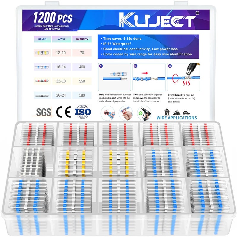 Kuject Heat Shrink Solder Seal Wire Connectors Kit 1200PCS, Waterproof Butt Connector Heat Shrink Electrical Terminals, Insulated Solderless Wiring Splice Connectors for Marine Automotive Boat Truck - Image 1
